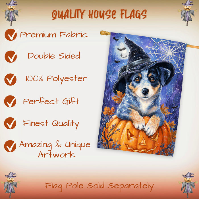 Blue Heeler Dog Halloween House Flag with Witch Hat Pumpkin and Fall Leaves Harvest Porch Banner Autumn Farmhouse Outdoor Home Decoration for Dog Lovers Double Sided 28 x 40