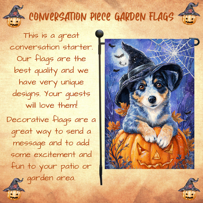 Blue Heeler Dog Halloween Garden Flag with Witch Hat and Pumpkin Outdoor Yard Banner Fall Porch Lawn Decoration Autumn Harvest Décor for Dog Lovers Single or Double Sided 12.5 x 18