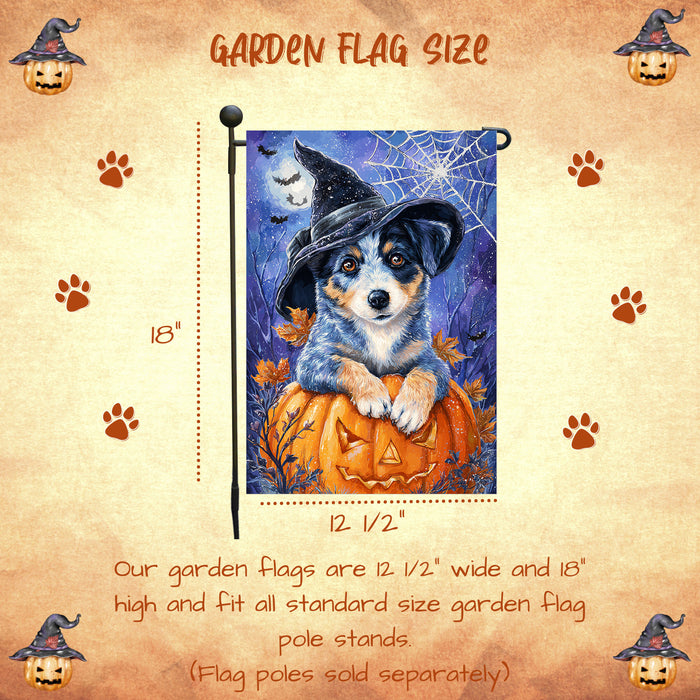 Blue Heeler Dog Halloween Garden Flag with Witch Hat and Pumpkin Outdoor Yard Banner Fall Porch Lawn Decoration Autumn Harvest Décor for Dog Lovers Single or Double Sided 12.5 x 18