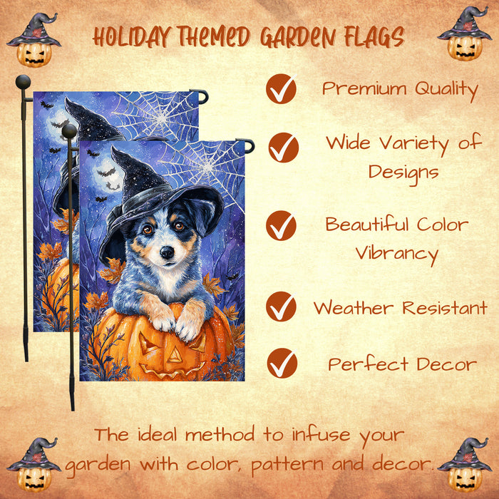 Blue Heeler Dog Halloween Garden Flag with Witch Hat and Pumpkin Outdoor Yard Banner Fall Porch Lawn Decoration Autumn Harvest Décor for Dog Lovers Single or Double Sided 12.5 x 18