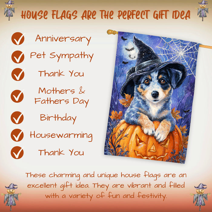 Blue Heeler Dog Halloween House Flag with Witch Hat Pumpkin and Fall Leaves Harvest Porch Banner Autumn Farmhouse Outdoor Home Decoration for Dog Lovers Double Sided 28 x 40