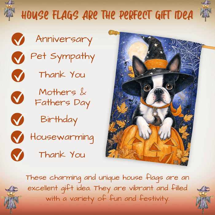 Boston Terrier Dog Halloween House Flag with Witch Hat Jack O Lanterns and Full Moon Fall Harvest Porch Banner Autumn Farmhouse Outdoor Home Decoration for Pet Moms and Dog Lovers Double Sided 28 x 40