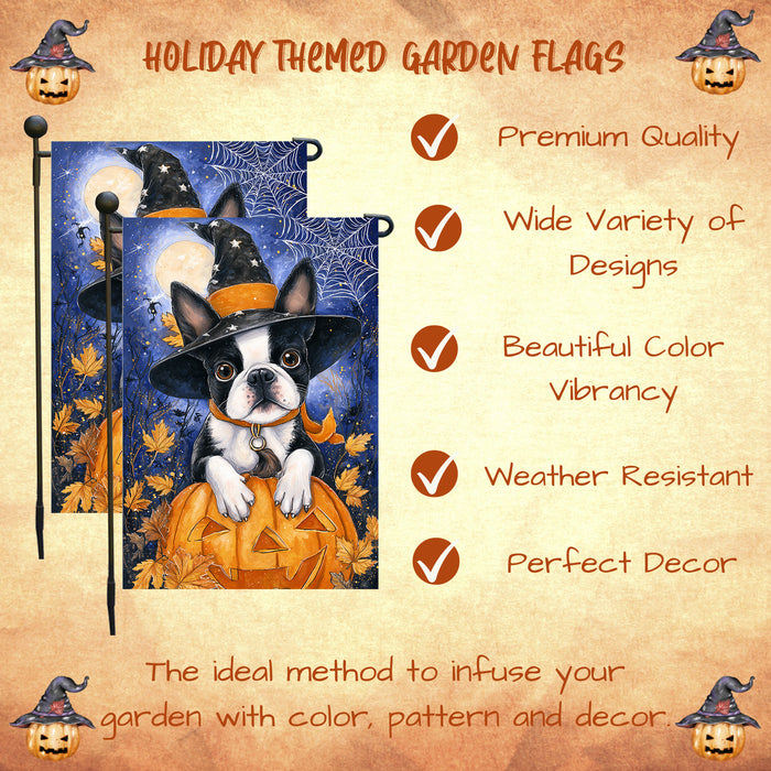 Boston Terrier Dog Halloween Garden Flag with Witch Hat and Jack O Lanterns Full Moon Outdoor Yard Banner Fall Porch Lawn Decoration for Pet Moms and Dog Lovers Single or Double Sided 12.5 x 18