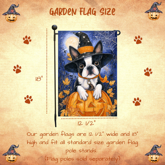 Boston Terrier Dog Halloween Garden Flag with Witch Hat and Jack O Lanterns Full Moon Outdoor Yard Banner Fall Porch Lawn Decoration for Pet Moms and Dog Lovers Single or Double Sided 12.5 x 18