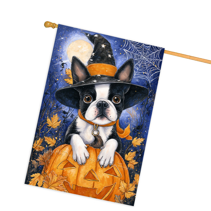 Boston Terrier Dog Halloween House Flag with Witch Hat Jack O Lanterns and Full Moon Fall Harvest Porch Banner Autumn Farmhouse Outdoor Home Decoration for Pet Moms and Dog Lovers Double Sided 28 x 40