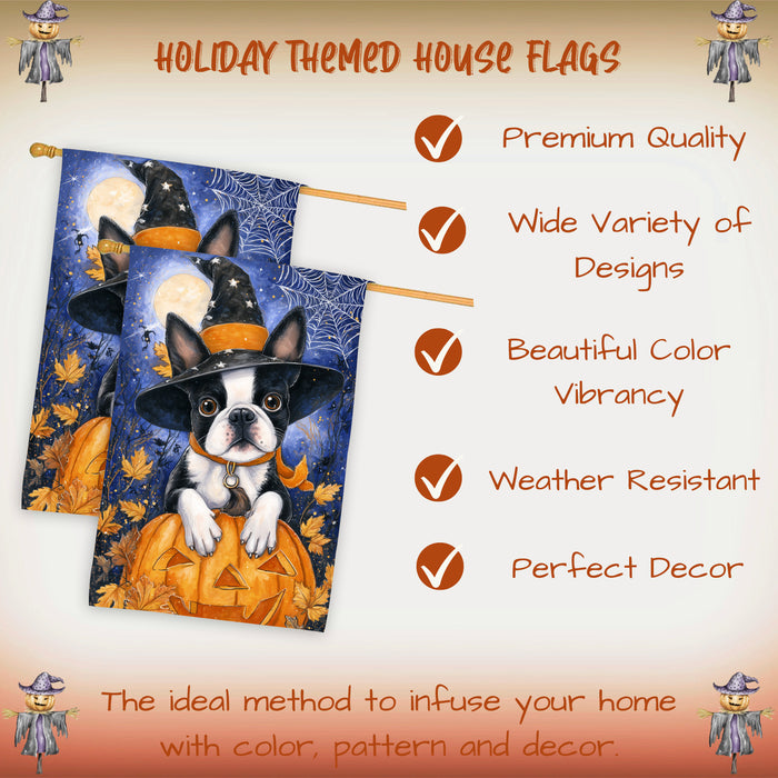 Boston Terrier Dog Halloween House Flag with Witch Hat Jack O Lanterns and Full Moon Fall Harvest Porch Banner Autumn Farmhouse Outdoor Home Decoration for Pet Moms and Dog Lovers Double Sided 28 x 40