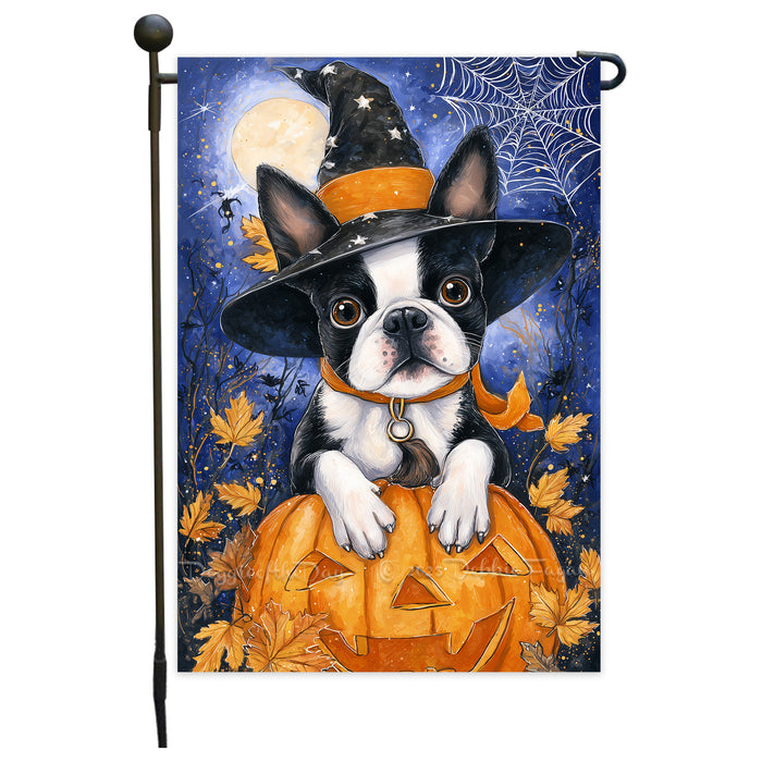 Boston Terrier Dog Halloween Garden Flag with Witch Hat and Jack O Lanterns Full Moon Outdoor Yard Banner Fall Porch Lawn Decoration for Pet Moms and Dog Lovers Single or Double Sided 12.5 x 18