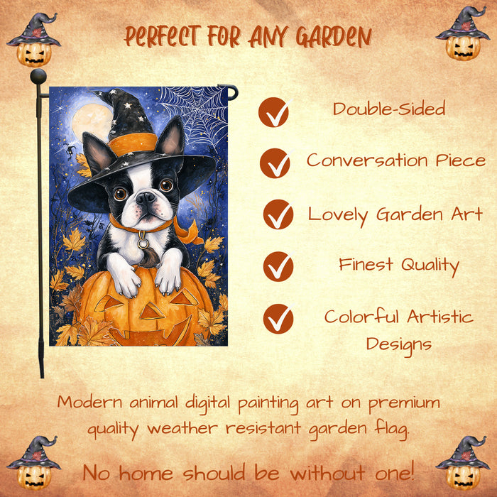 Boston Terrier Dog Halloween Garden Flag with Witch Hat and Jack O Lanterns Full Moon Outdoor Yard Banner Fall Porch Lawn Decoration for Pet Moms and Dog Lovers Single or Double Sided 12.5 x 18