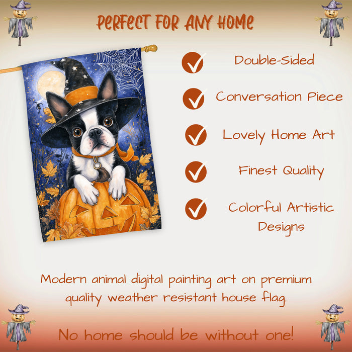 Boston Terrier Dog Halloween House Flag with Witch Hat Jack O Lanterns and Full Moon Fall Harvest Porch Banner Autumn Farmhouse Outdoor Home Decoration for Pet Moms and Dog Lovers Double Sided 28 x 40