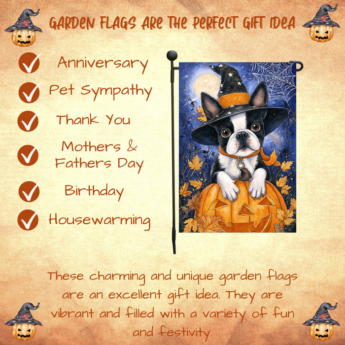 Boston Terrier Dog Halloween Garden Flag with Witch Hat and Jack O Lanterns Full Moon Outdoor Yard Banner Fall Porch Lawn Decoration for Pet Moms and Dog Lovers Single or Double Sided 12.5 x 18