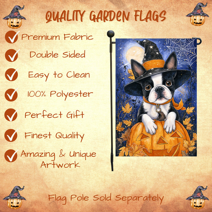 Boston Terrier Dog Halloween Garden Flag with Witch Hat and Jack O Lanterns Full Moon Outdoor Yard Banner Fall Porch Lawn Decoration for Pet Moms and Dog Lovers Single or Double Sided 12.5 x 18