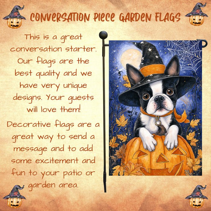 Boston Terrier Dog Halloween Garden Flag with Witch Hat and Jack O Lanterns Full Moon Outdoor Yard Banner Fall Porch Lawn Decoration for Pet Moms and Dog Lovers Single or Double Sided 12.5 x 18