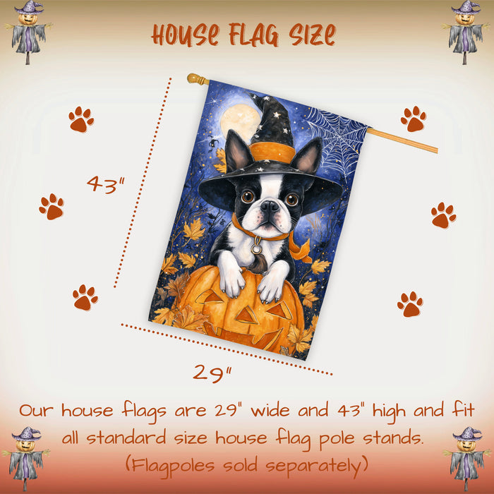 Boston Terrier Dog Halloween House Flag with Witch Hat Jack O Lanterns and Full Moon Fall Harvest Porch Banner Autumn Farmhouse Outdoor Home Decoration for Pet Moms and Dog Lovers Double Sided 28 x 40