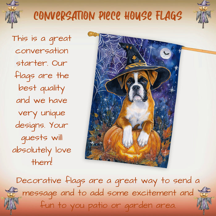 Boxer Dog Halloween House Flag with Witch Hat Pumpkin Castle and Bats Fall Harvest Porch Banner Autumn Farmhouse Outdoor Home Decoration for Dog Lovers Double Sided 28 x 40