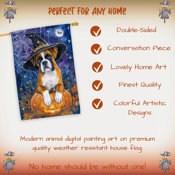 Boxer Dog Halloween House Flag with Witch Hat Pumpkin Castle and Bats Fall Harvest Porch Banner Autumn Farmhouse Outdoor Home Decoration for Dog Lovers Double Sided 28 x 40