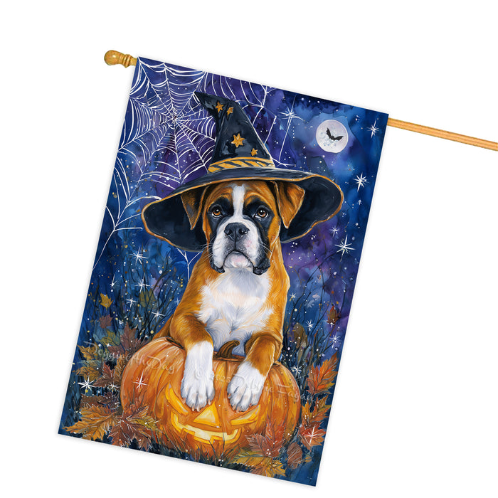 Boxer Dog Halloween House Flag with Witch Hat Pumpkin Castle and Bats Fall Harvest Porch Banner Autumn Farmhouse Outdoor Home Decoration for Dog Lovers Double Sided 28 x 40