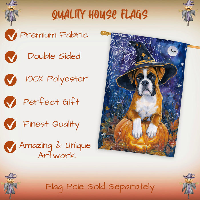Boxer Dog Halloween House Flag with Witch Hat Pumpkin Castle and Bats Fall Harvest Porch Banner Autumn Farmhouse Outdoor Home Decoration for Dog Lovers Double Sided 28 x 40
