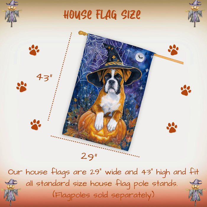 Boxer Dog Halloween House Flag with Witch Hat Pumpkin Castle and Bats Fall Harvest Porch Banner Autumn Farmhouse Outdoor Home Decoration for Dog Lovers Double Sided 28 x 40