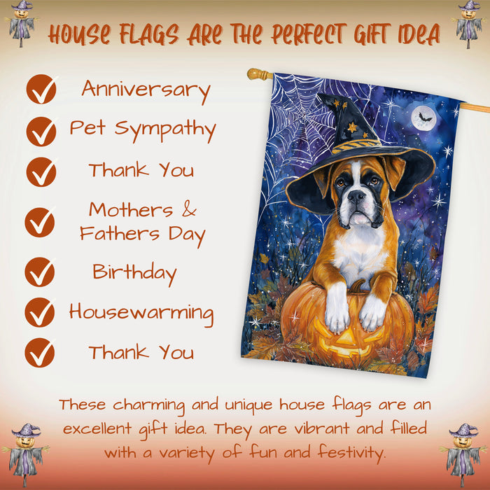 Boxer Dog Halloween House Flag with Witch Hat Pumpkin Castle and Bats Fall Harvest Porch Banner Autumn Farmhouse Outdoor Home Decoration for Dog Lovers Double Sided 28 x 40