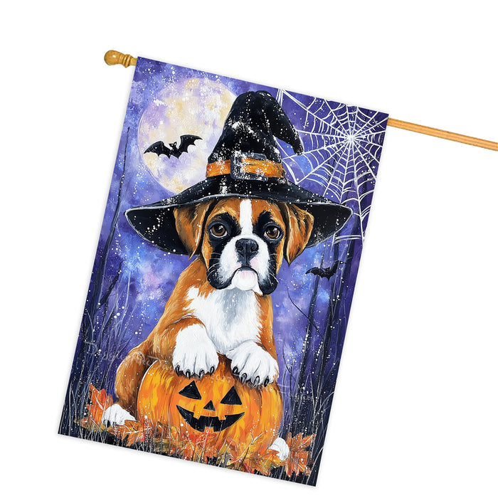 Boxer Dog Halloween House Flag with Witch Hat Pumpkin and Spider Web Fall Harvest Porch Banner Autumn Farmhouse Outdoor Home Decoration for Dog Dads and Pet Lovers Double Sided 28 x 40