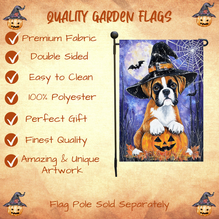 Boxer Dog Halloween Garden Flag with Witch Hat and Pumpkin Outdoor Yard Banner Spider Web Design for Fall Porch Lawn Decoration for Dog Dads and Pet Lovers Single or Double Sided 12.5 x 18