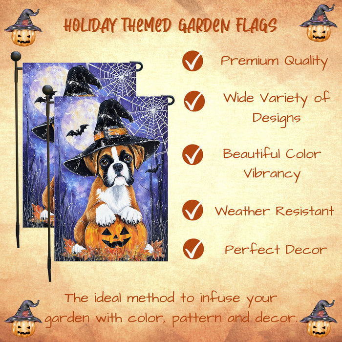 Boxer Dog Halloween Garden Flag with Witch Hat and Pumpkin Outdoor Yard Banner Spider Web Design for Fall Porch Lawn Decoration for Dog Dads and Pet Lovers Single or Double Sided 12.5 x 18