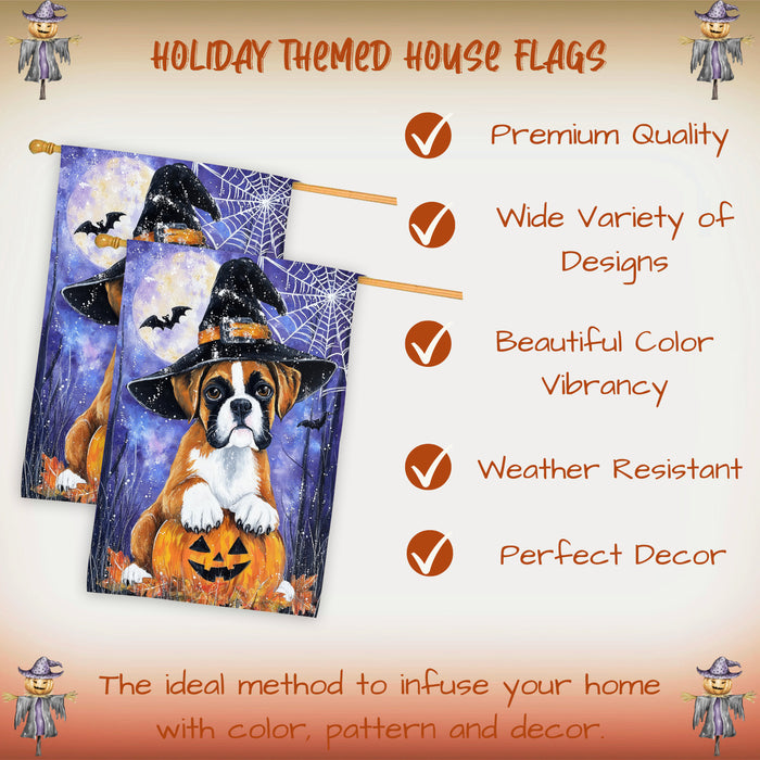 Boxer Dog Halloween House Flag with Witch Hat Pumpkin and Spider Web Fall Harvest Porch Banner Autumn Farmhouse Outdoor Home Decoration for Dog Dads and Pet Lovers Double Sided 28 x 40