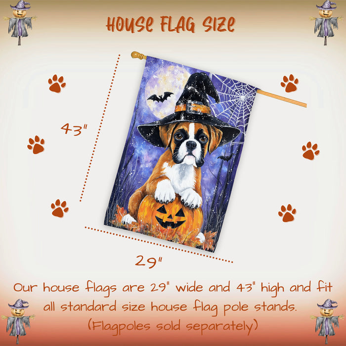 Boxer Dog Halloween House Flag with Witch Hat Pumpkin and Spider Web Fall Harvest Porch Banner Autumn Farmhouse Outdoor Home Decoration for Dog Dads and Pet Lovers Double Sided 28 x 40