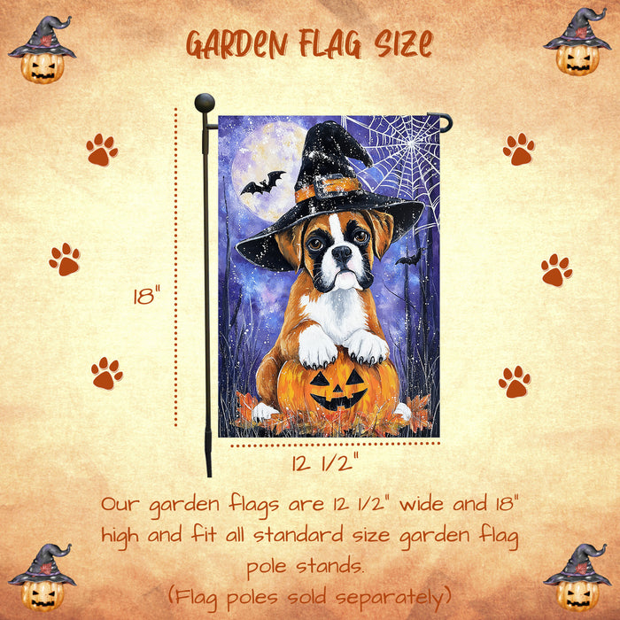 Boxer Dog Halloween Garden Flag with Witch Hat and Pumpkin Outdoor Yard Banner Spider Web Design for Fall Porch Lawn Decoration for Dog Dads and Pet Lovers Single or Double Sided 12.5 x 18
