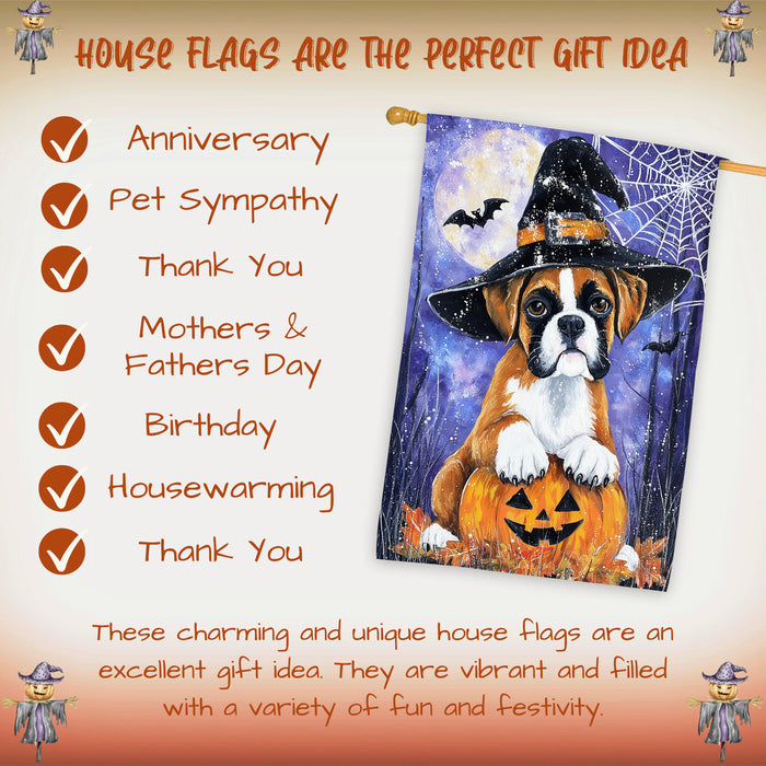 Boxer Dog Halloween House Flag with Witch Hat Pumpkin and Spider Web Fall Harvest Porch Banner Autumn Farmhouse Outdoor Home Decoration for Dog Dads and Pet Lovers Double Sided 28 x 40