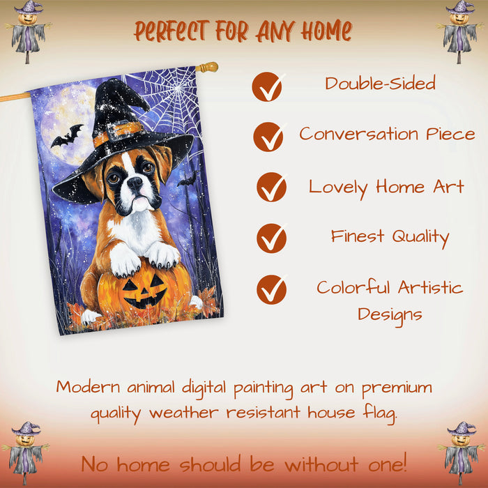 Boxer Dog Halloween House Flag with Witch Hat Pumpkin and Spider Web Fall Harvest Porch Banner Autumn Farmhouse Outdoor Home Decoration for Dog Dads and Pet Lovers Double Sided 28 x 40