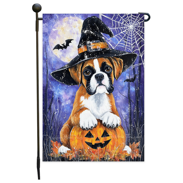 Boxer Dog Halloween Garden Flag with Witch Hat and Pumpkin Outdoor Yard Banner Spider Web Design for Fall Porch Lawn Decoration for Dog Dads and Pet Lovers Single or Double Sided 12.5 x 18