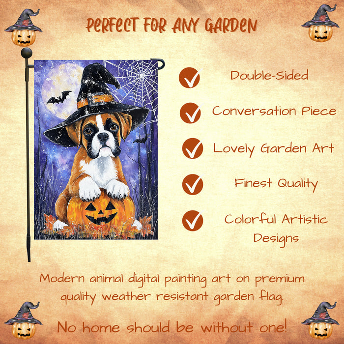 Boxer Dog Halloween Garden Flag with Witch Hat and Pumpkin Outdoor Yard Banner Spider Web Design for Fall Porch Lawn Decoration for Dog Dads and Pet Lovers Single or Double Sided 12.5 x 18