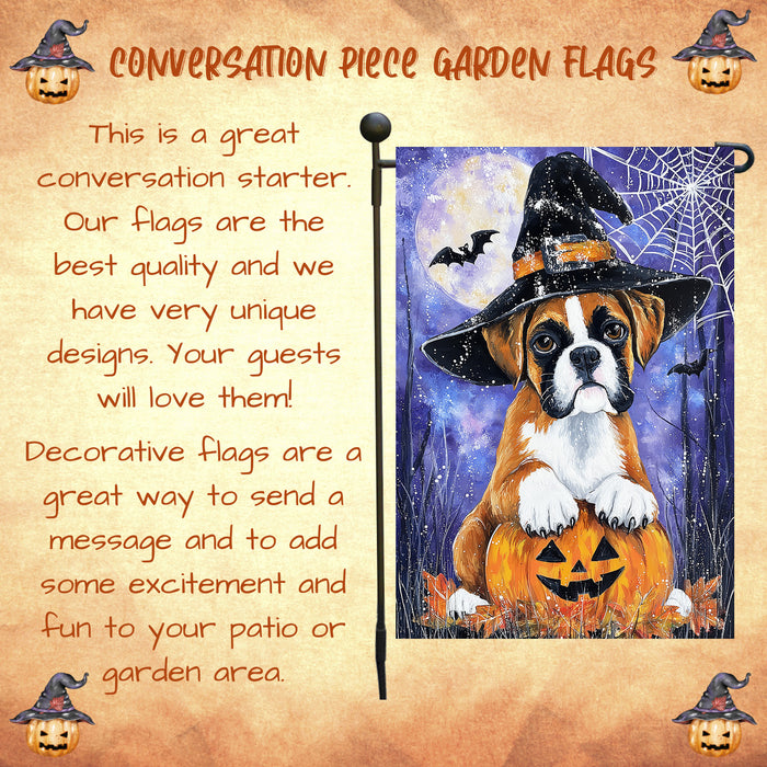 Boxer Dog Halloween Garden Flag with Witch Hat and Pumpkin Outdoor Yard Banner Spider Web Design for Fall Porch Lawn Decoration for Dog Dads and Pet Lovers Single or Double Sided 12.5 x 18
