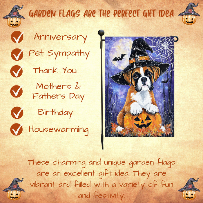 Boxer Dog Halloween Garden Flag with Witch Hat and Pumpkin Outdoor Yard Banner Spider Web Design for Fall Porch Lawn Decoration for Dog Dads and Pet Lovers Single or Double Sided 12.5 x 18