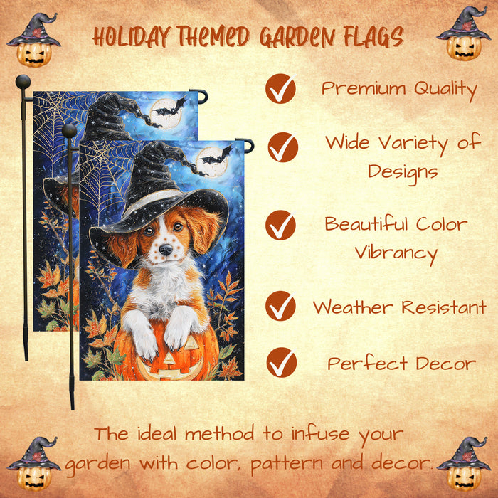 Brittany Spaniel Dog Halloween Garden Flag with Witch Hat Pumpkin and Spider Web Outdoor Yard Banner Fall Farmhouse Lawn Decoration Thanksgiving Autumn Décor for Dog Lovers Single or Double Sided 12.5 x 18