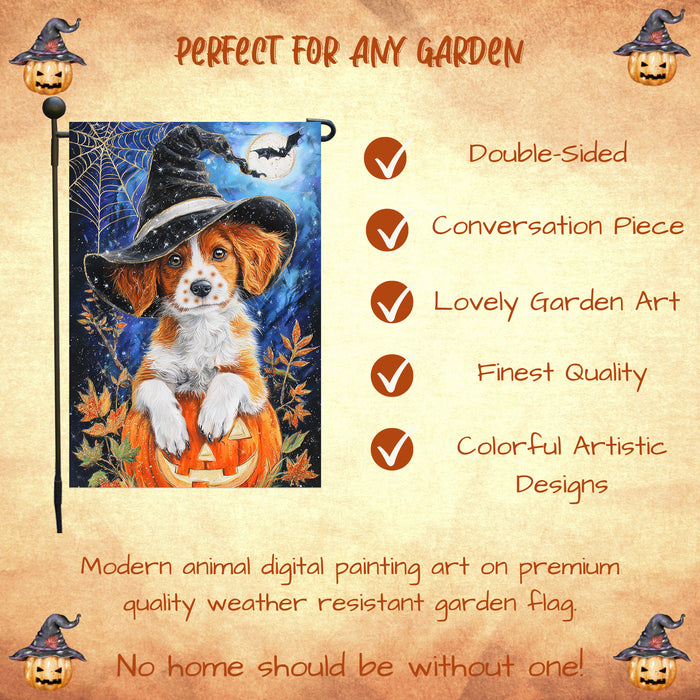 Brittany Spaniel Dog Halloween Garden Flag with Witch Hat Pumpkin and Spider Web Outdoor Yard Banner Fall Farmhouse Lawn Decoration Thanksgiving Autumn Décor for Dog Lovers Single or Double Sided 12.5 x 18