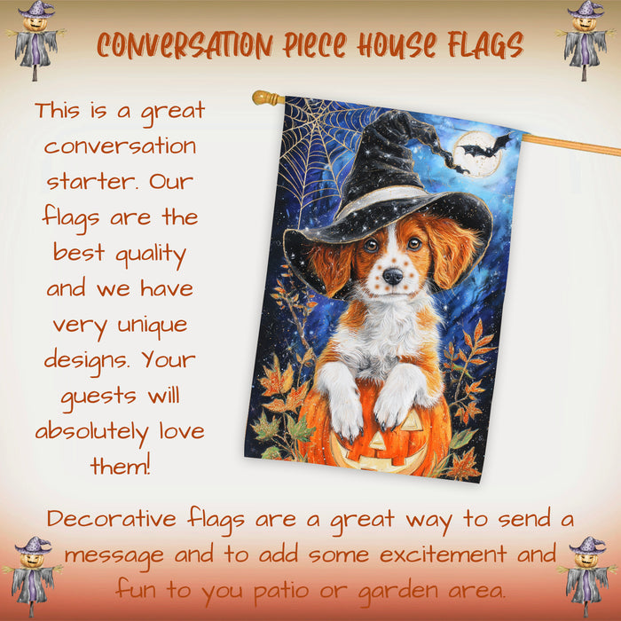 Brittany Spaniel Dog Halloween House Flag with Witch Hat Pumpkin and Spider Web Fall Harvest Porch Banner Autumn Farmhouse Outdoor Home Decoration for Dog Lovers Double Sided 28 x 40