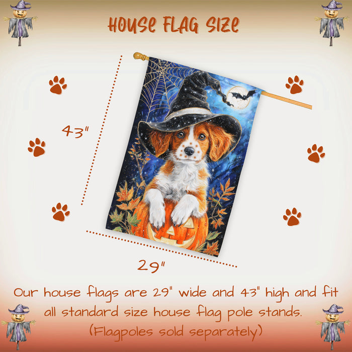 Brittany Spaniel Dog Halloween House Flag with Witch Hat Pumpkin and Spider Web Fall Harvest Porch Banner Autumn Farmhouse Outdoor Home Decoration for Dog Lovers Double Sided 28 x 40