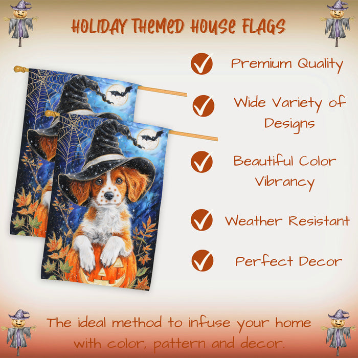 Brittany Spaniel Dog Halloween House Flag with Witch Hat Pumpkin and Spider Web Fall Harvest Porch Banner Autumn Farmhouse Outdoor Home Decoration for Dog Lovers Double Sided 28 x 40