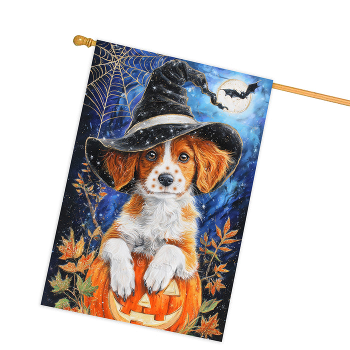 Brittany Spaniel Dog Halloween House Flag with Witch Hat Pumpkin and Spider Web Fall Harvest Porch Banner Autumn Farmhouse Outdoor Home Decoration for Dog Lovers Double Sided 28 x 40