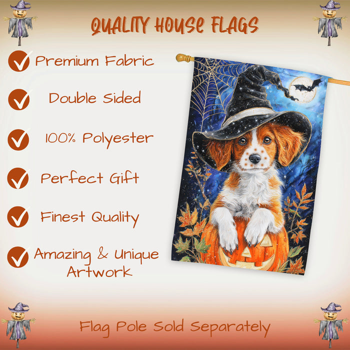 Brittany Spaniel Dog Halloween House Flag with Witch Hat Pumpkin and Spider Web Fall Harvest Porch Banner Autumn Farmhouse Outdoor Home Decoration for Dog Lovers Double Sided 28 x 40