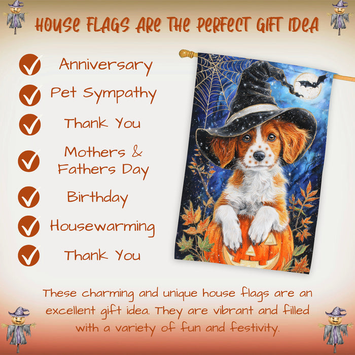 Brittany Spaniel Dog Halloween House Flag with Witch Hat Pumpkin and Spider Web Fall Harvest Porch Banner Autumn Farmhouse Outdoor Home Decoration for Dog Lovers Double Sided 28 x 40
