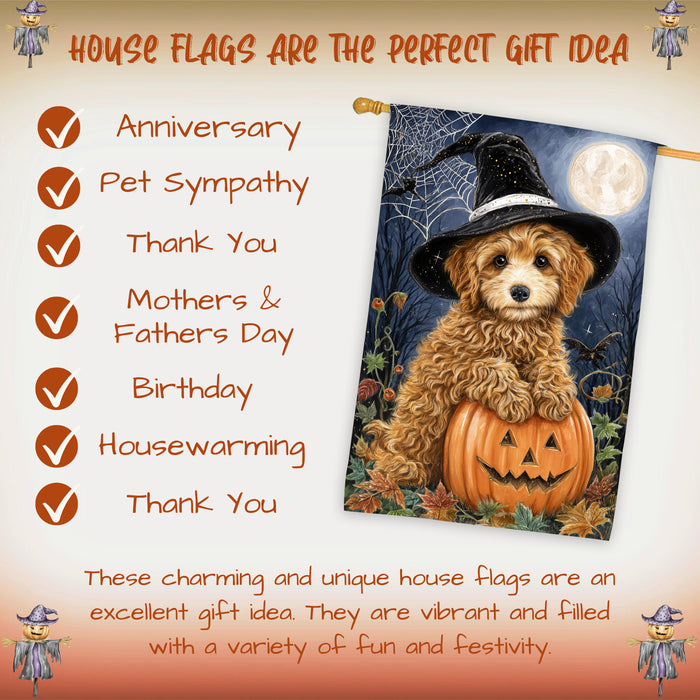 Poodle Dog Halloween House Flag with Witch Hat Pumpkin Full Moon and Spider Web Fall Harvest Porch Banner Autumn Farmhouse Outdoor Home Decoration for Dog Lovers Double Sided 28 x 40