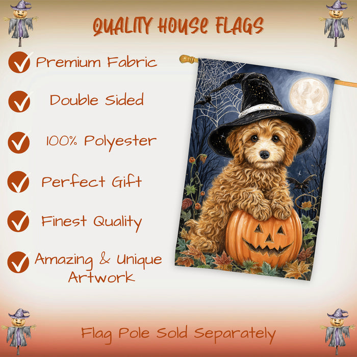 Poodle Dog Halloween House Flag with Witch Hat Pumpkin Full Moon and Spider Web Fall Harvest Porch Banner Autumn Farmhouse Outdoor Home Decoration for Dog Lovers Double Sided 28 x 40