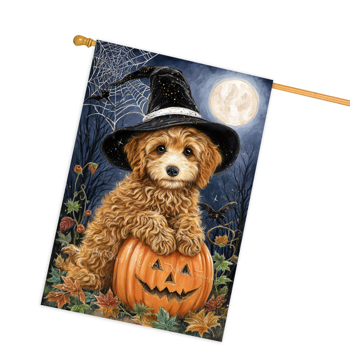 Poodle Dog Halloween House Flag with Witch Hat Pumpkin Full Moon and Spider Web Fall Harvest Porch Banner Autumn Farmhouse Outdoor Home Decoration for Dog Lovers Double Sided 28 x 40