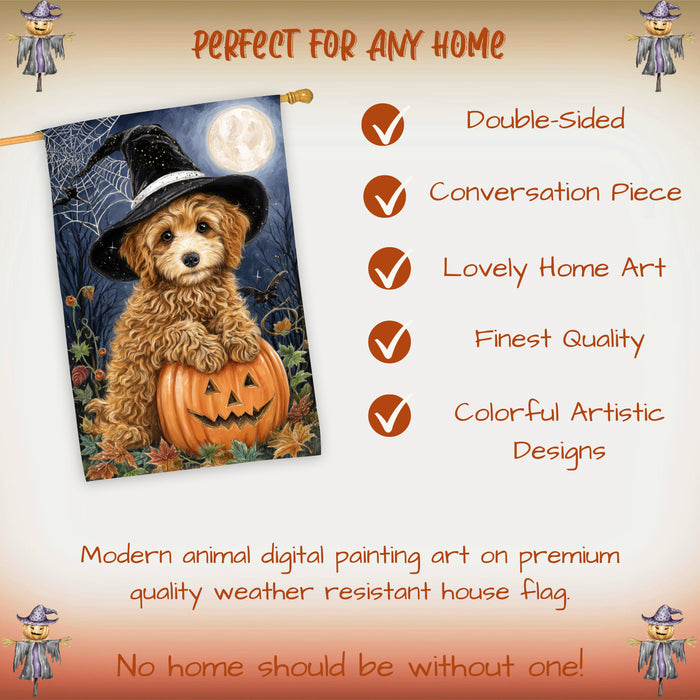Poodle Dog Halloween House Flag with Witch Hat Pumpkin Full Moon and Spider Web Fall Harvest Porch Banner Autumn Farmhouse Outdoor Home Decoration for Dog Lovers Double Sided 28 x 40