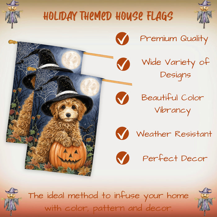 Poodle Dog Halloween House Flag with Witch Hat Pumpkin Full Moon and Spider Web Fall Harvest Porch Banner Autumn Farmhouse Outdoor Home Decoration for Dog Lovers Double Sided 28 x 40