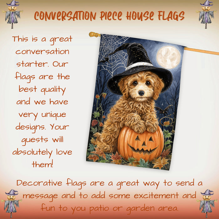 Poodle Dog Halloween House Flag with Witch Hat Pumpkin Full Moon and Spider Web Fall Harvest Porch Banner Autumn Farmhouse Outdoor Home Decoration for Dog Lovers Double Sided 28 x 40