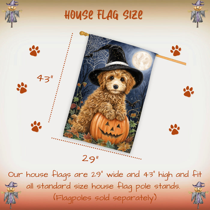 Poodle Dog Halloween House Flag with Witch Hat Pumpkin Full Moon and Spider Web Fall Harvest Porch Banner Autumn Farmhouse Outdoor Home Decoration for Dog Lovers Double Sided 28 x 40